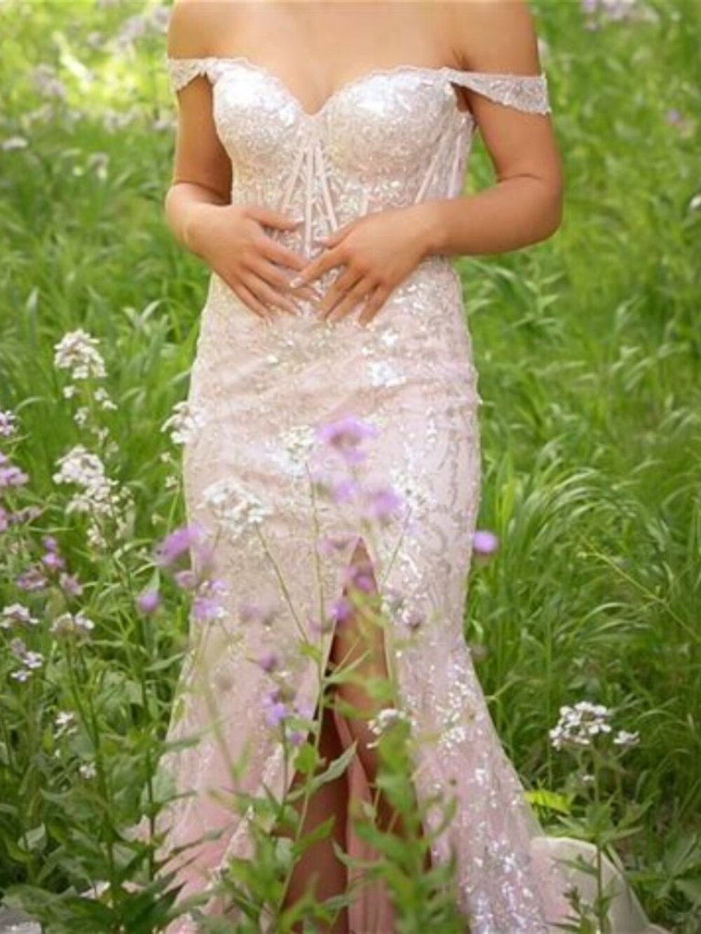 Sherri Hill 56101 off shoulder $700  Maxi beaded lace applique dress Blush sz 6